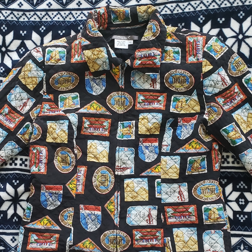 Maggy L. Silk Jacket Quilted Travel Stamp Motif  Light Weight Summer Jacket